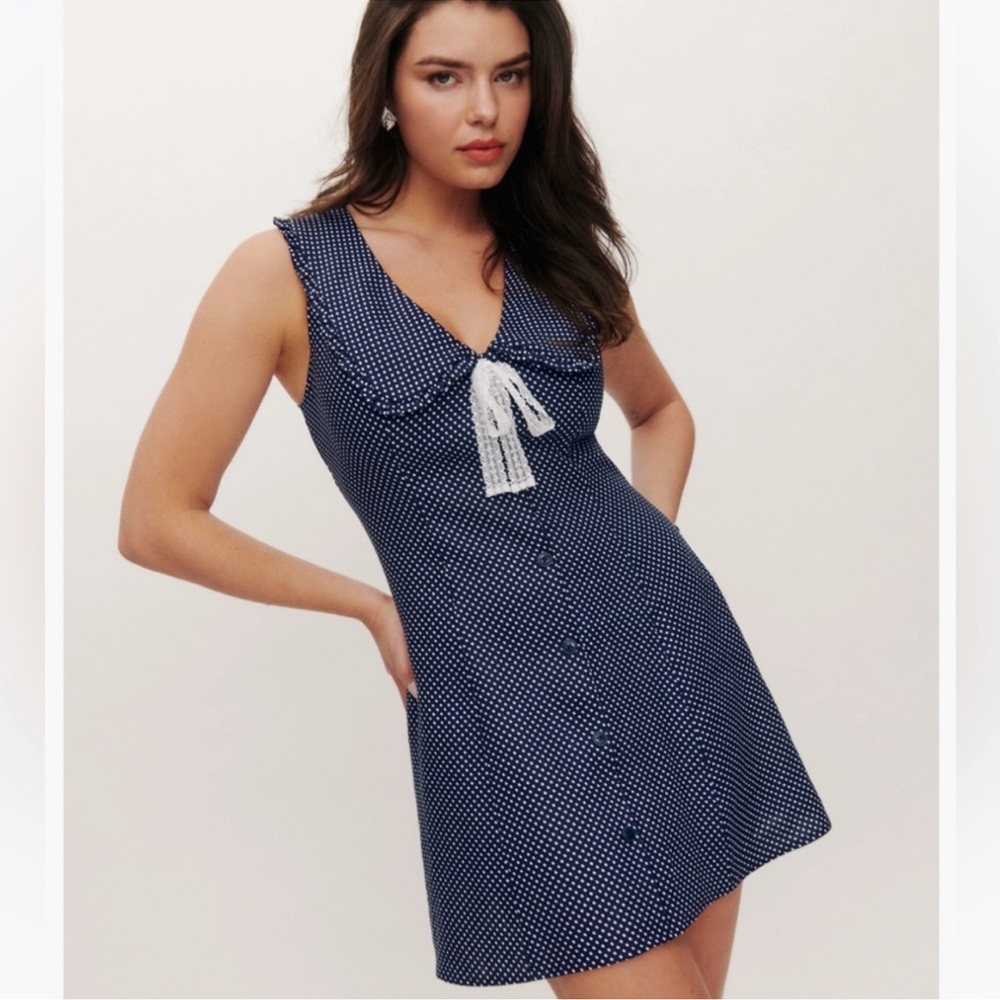 Reformation Linen Navy Polka Dot Dress